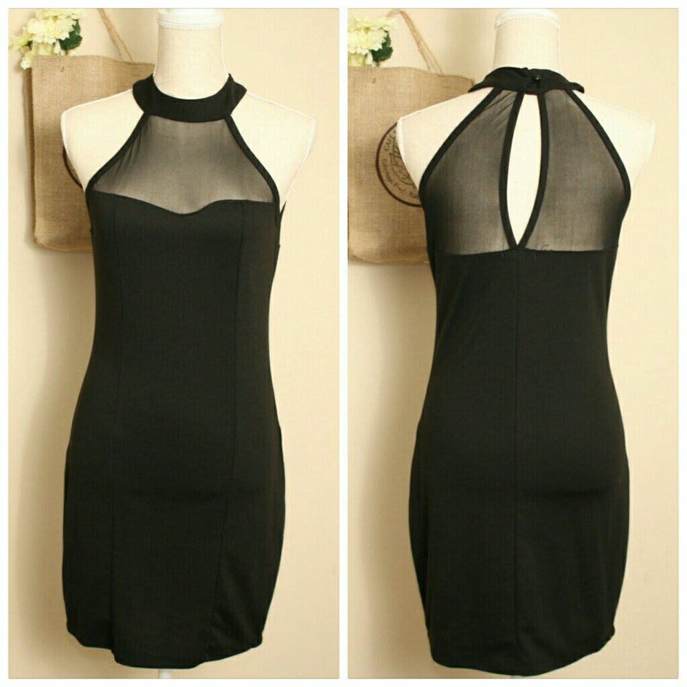 Charlotte Russe Black Mesh Halter Fitted Dress
